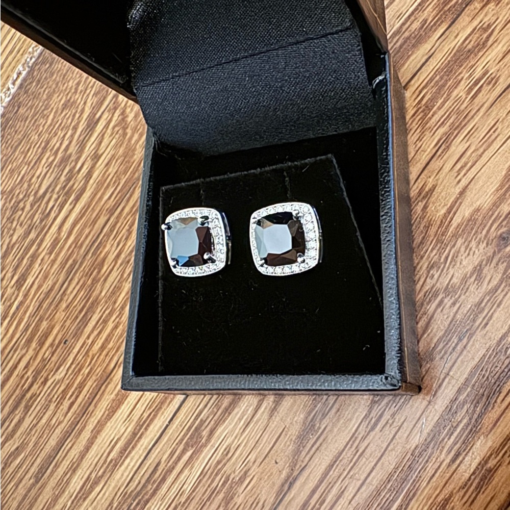 Elegant Black Stone Lab Diamond Trimmed Earrings